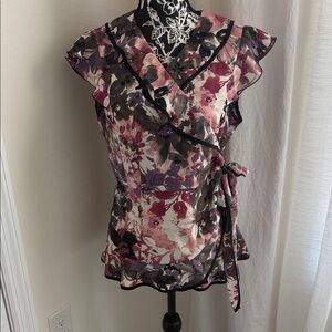 Axcess Pink and Black Floral Ruffle Blouse